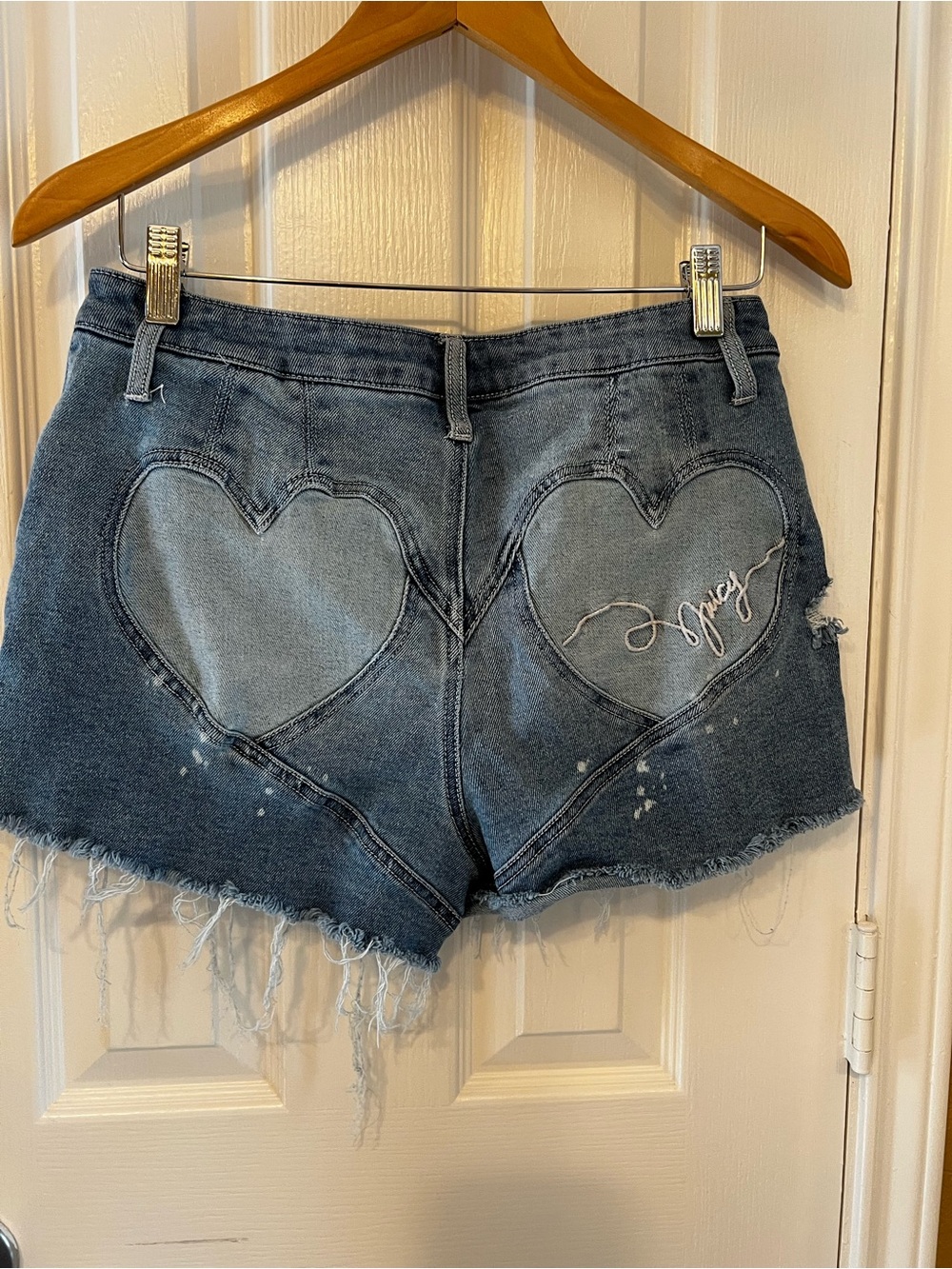 Juicy Couture Heart Pocket Distressed Denim Jean Shorts, Size 28